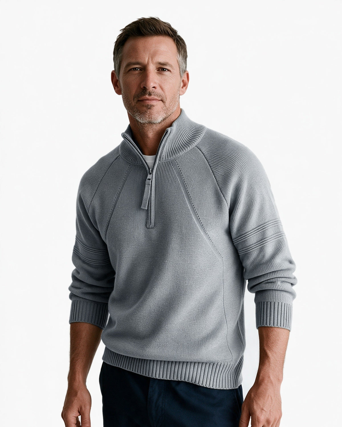 Alder quarter-zip knit pullover in Grey, three-quarter view