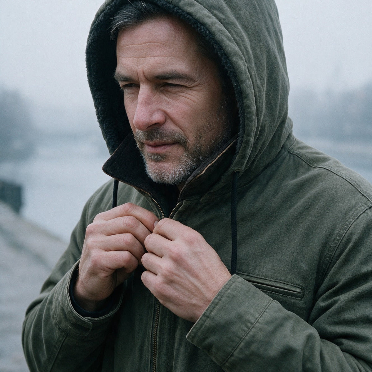 Richard jacket with the hood up