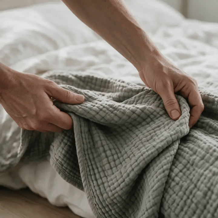Hands squeezing and releasing the Linwood muslin blanket in Grey
