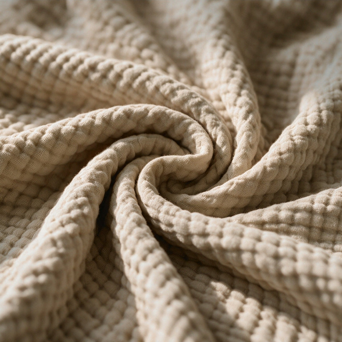 Linwood crinkled muslin texture in Dune, close-up