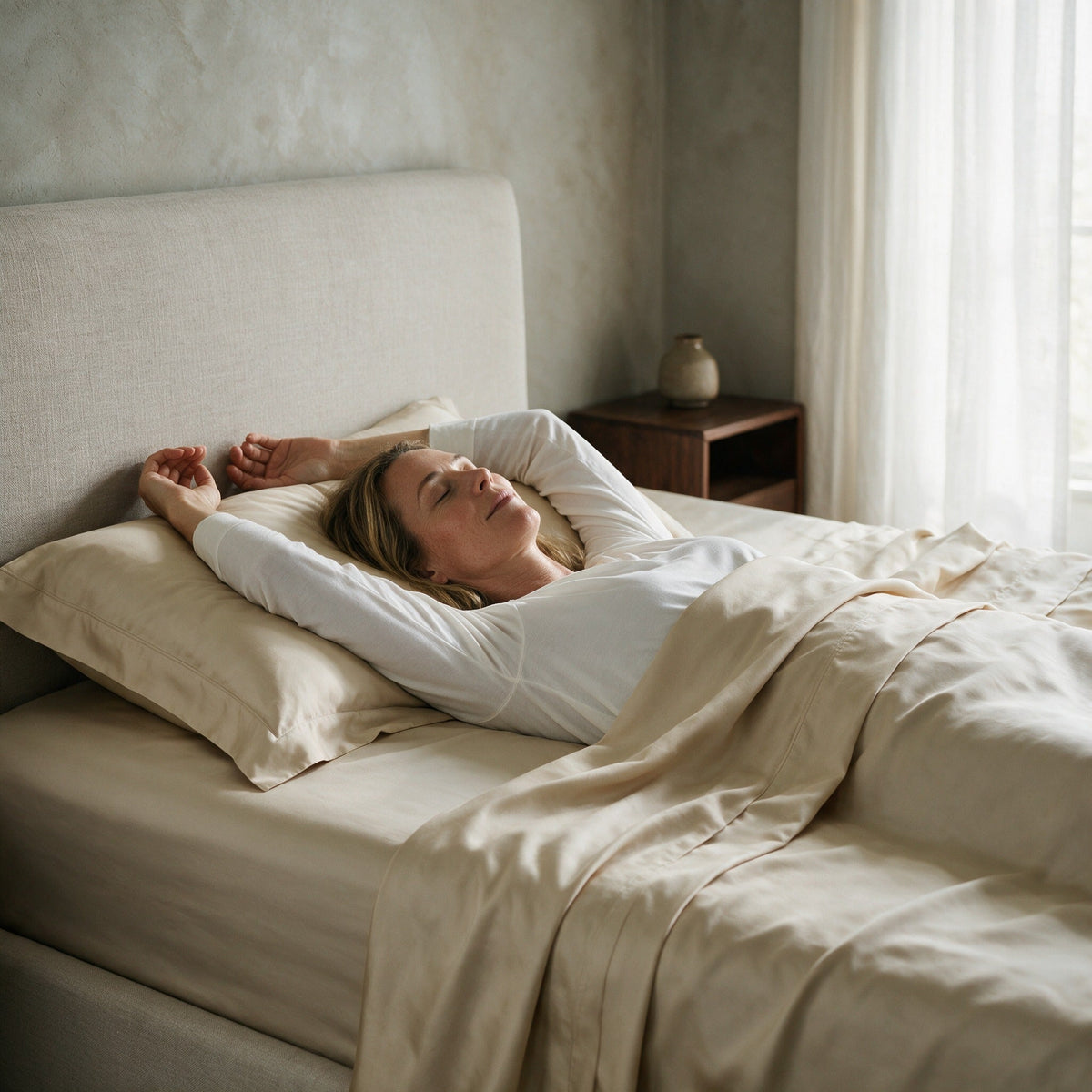 Woman stretching in bed on Rydal sheets in Champagne