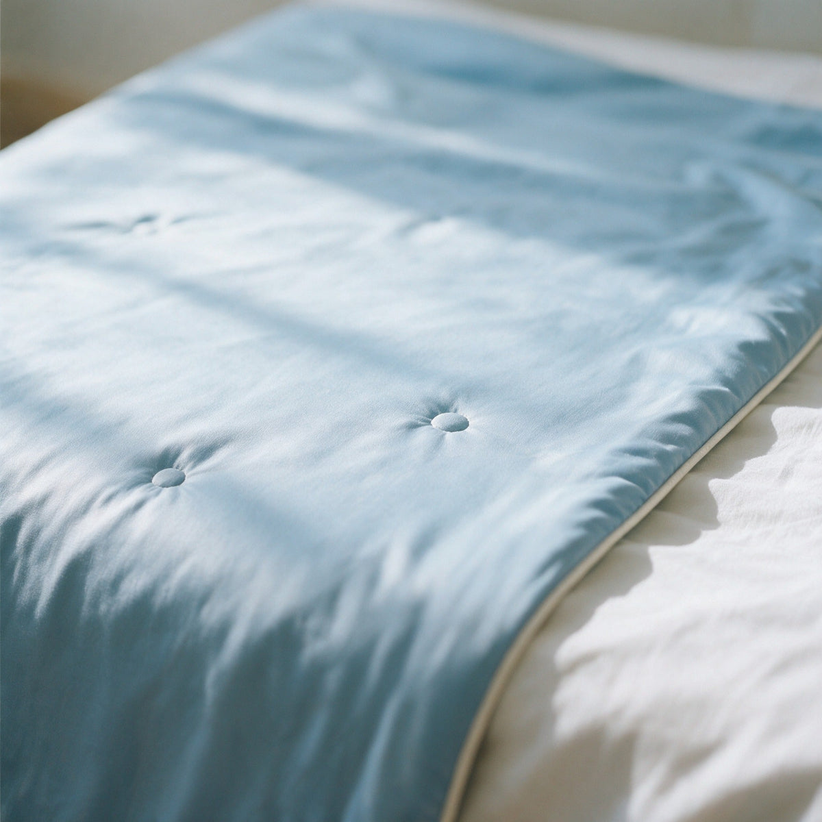 Seaton duvet surface in Light Blue with tufted stitch points and piped edge, close-up