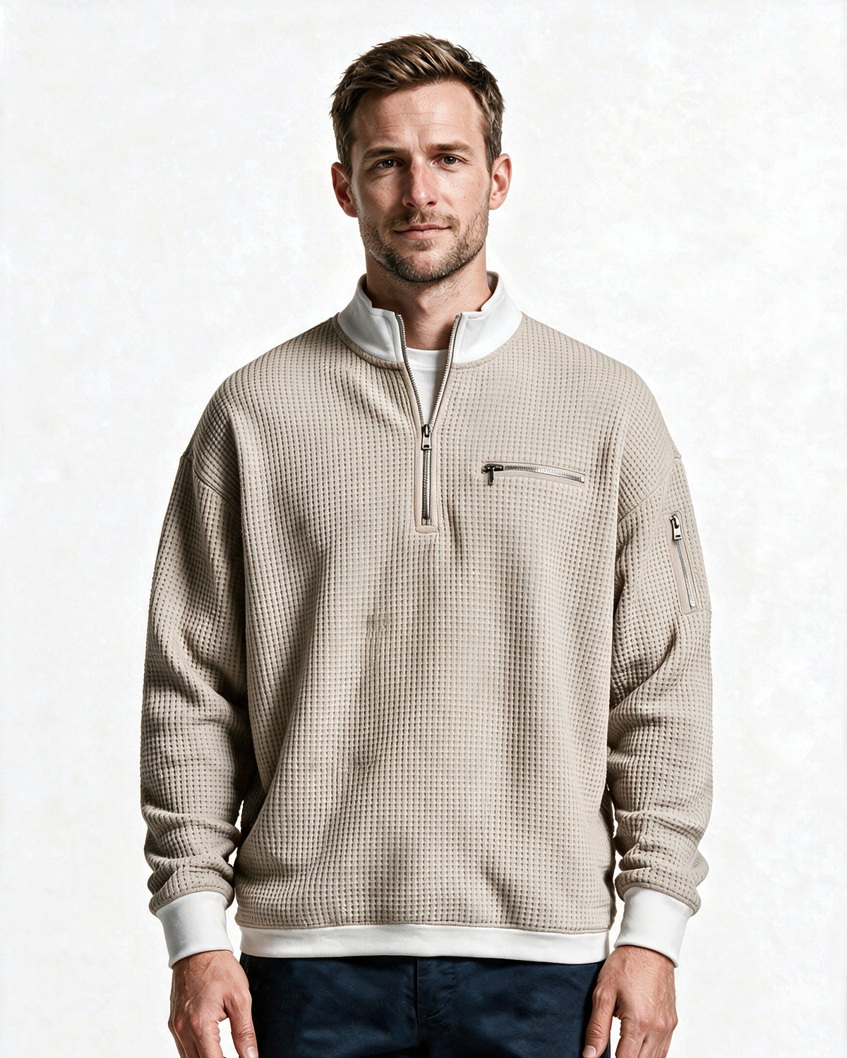 Selby waffle-knit half-zip pullover in Beige, front view