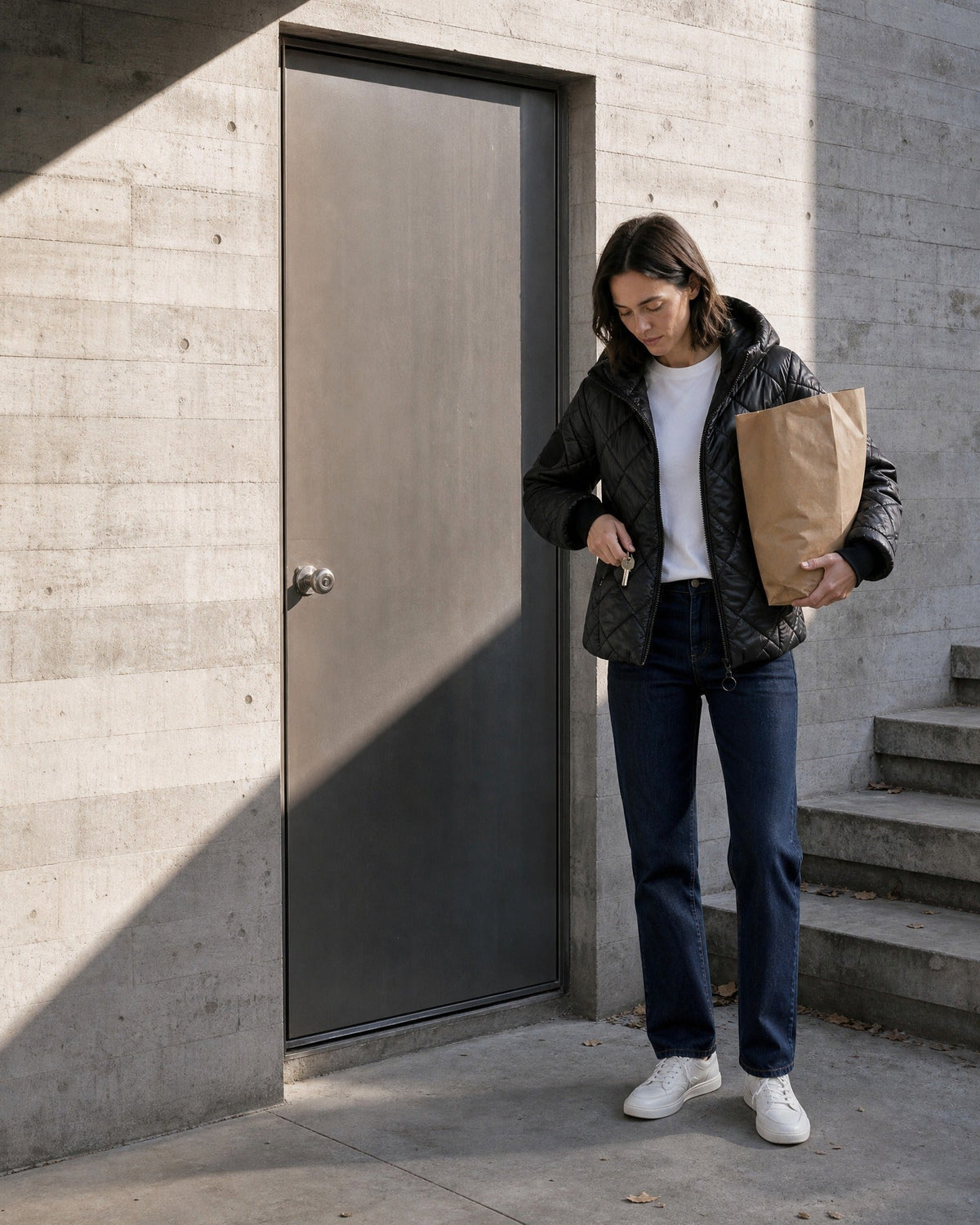 Ainsley puffer jacket in Black, worn in town