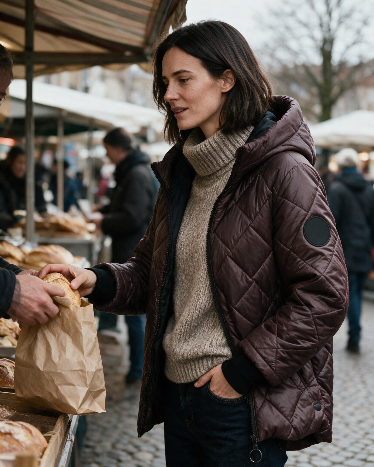 Ainsley puffer jacket worn on a cold day in town