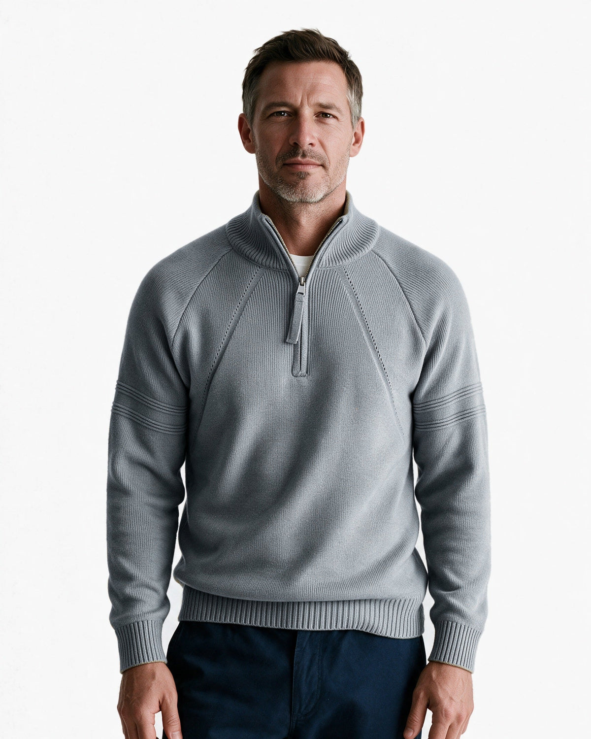 Alder quarter-zip knit pullover in Grey, front view