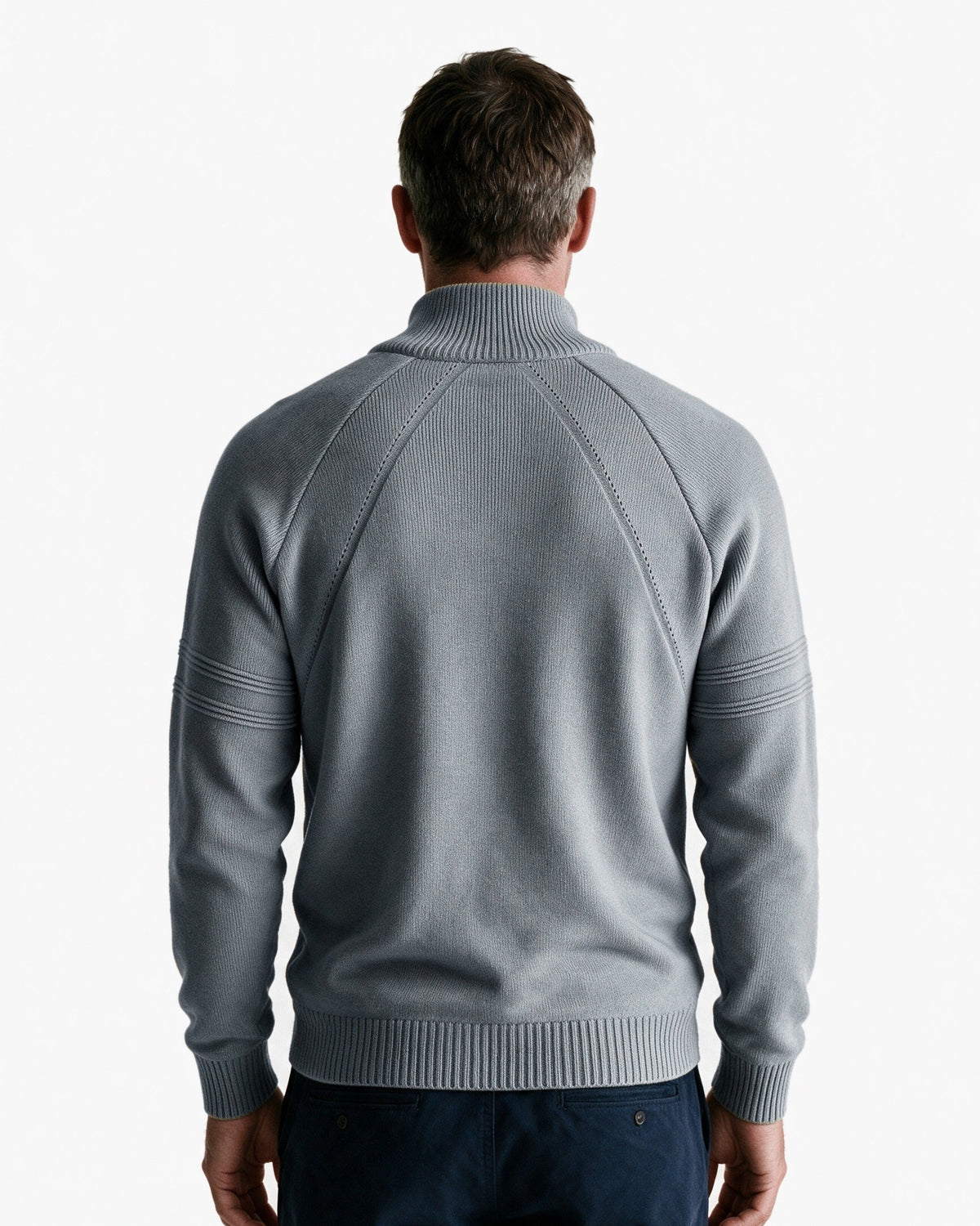 Alder quarter-zip knit pullover in Grey, back view