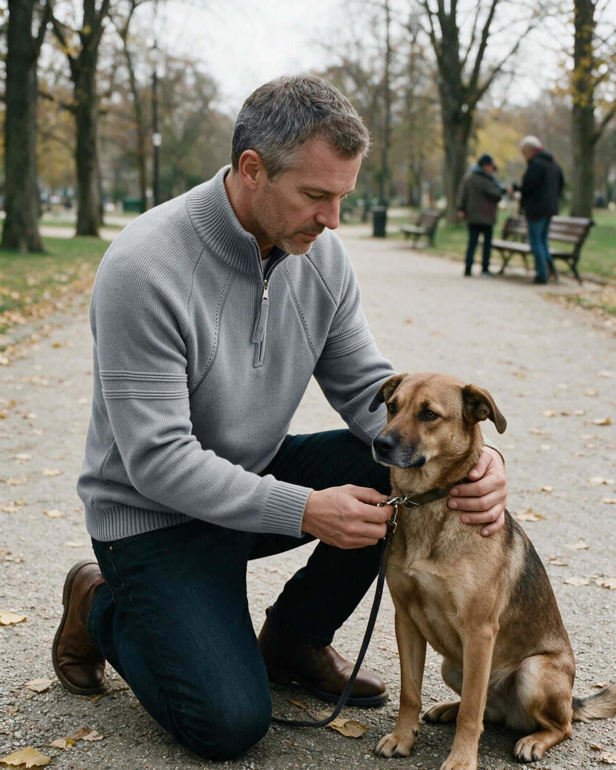 Alder quarter-zip pullover in Grey, worn at the park