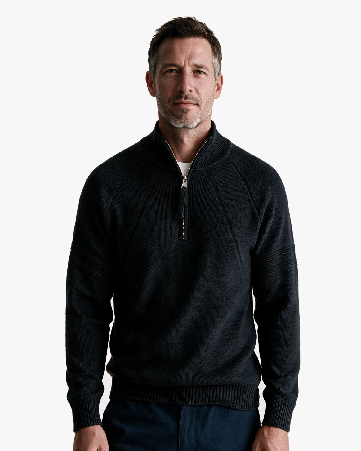Alder quarter-zip knit pullover in Black, front view
