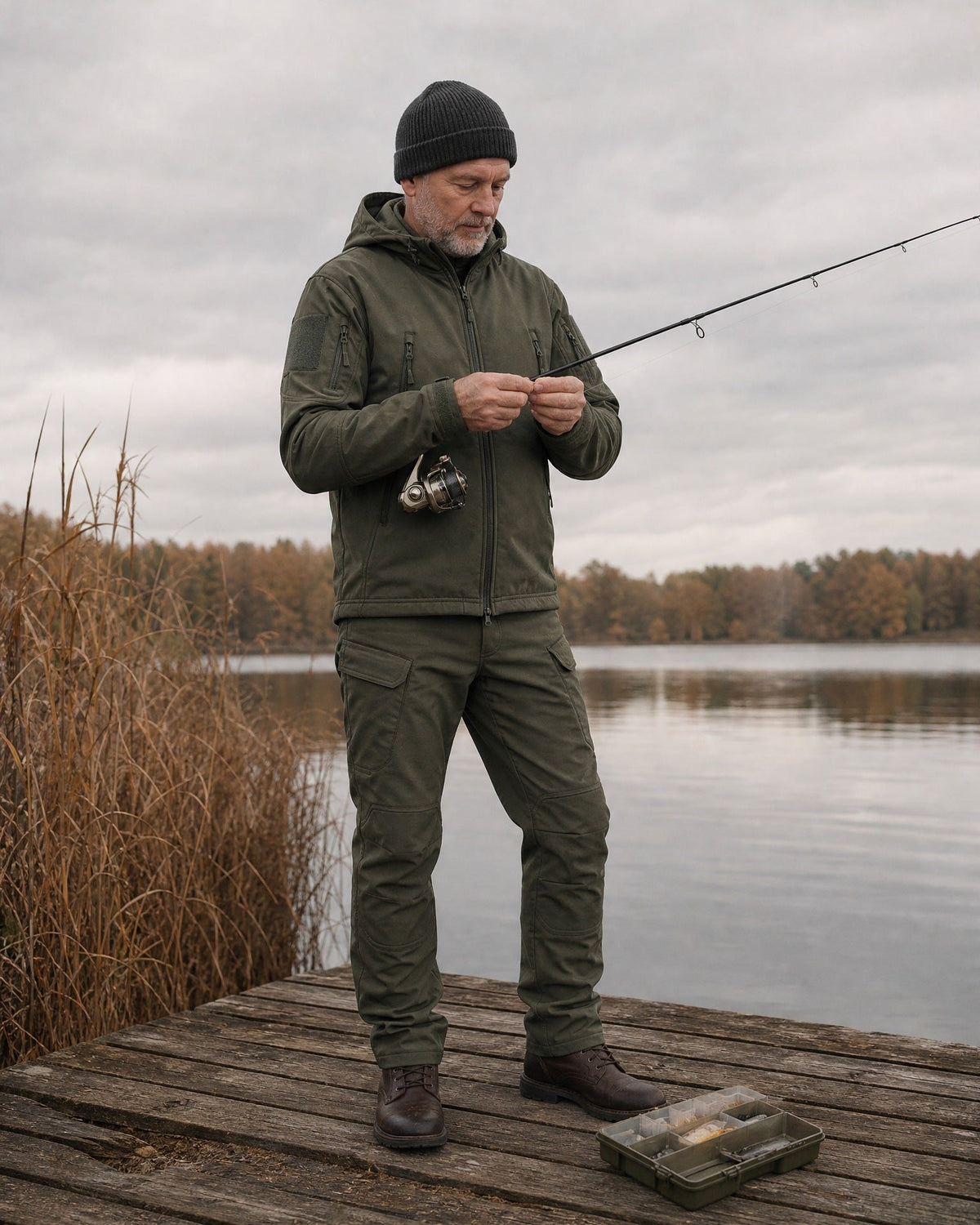 Braddock softshell jacket and pants set in Green, tying a lure on a wooden jetty