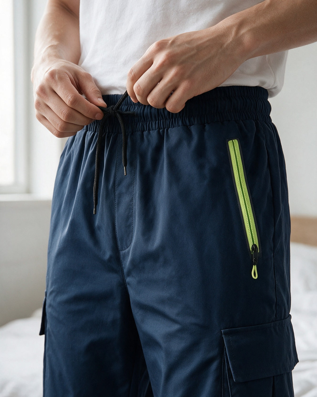 Tying the drawstring waist of the Hartley cargo trousers
