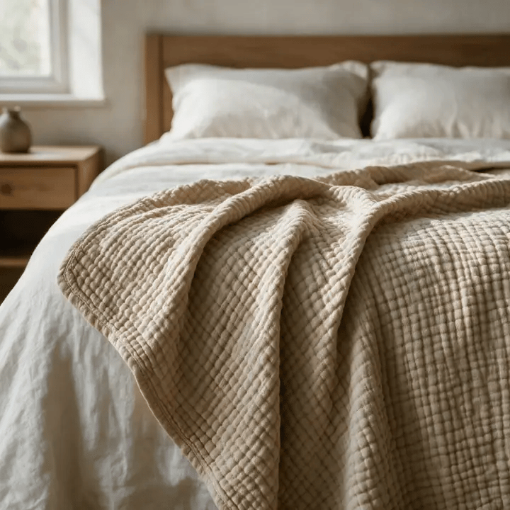The Linwood muslin blanket in Dune settling over a bed