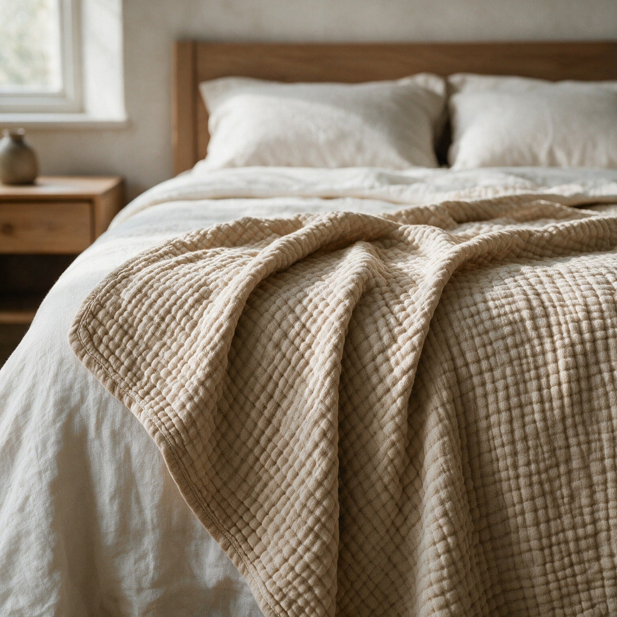 Linwood muslin blanket in Dune over the foot of a made bed