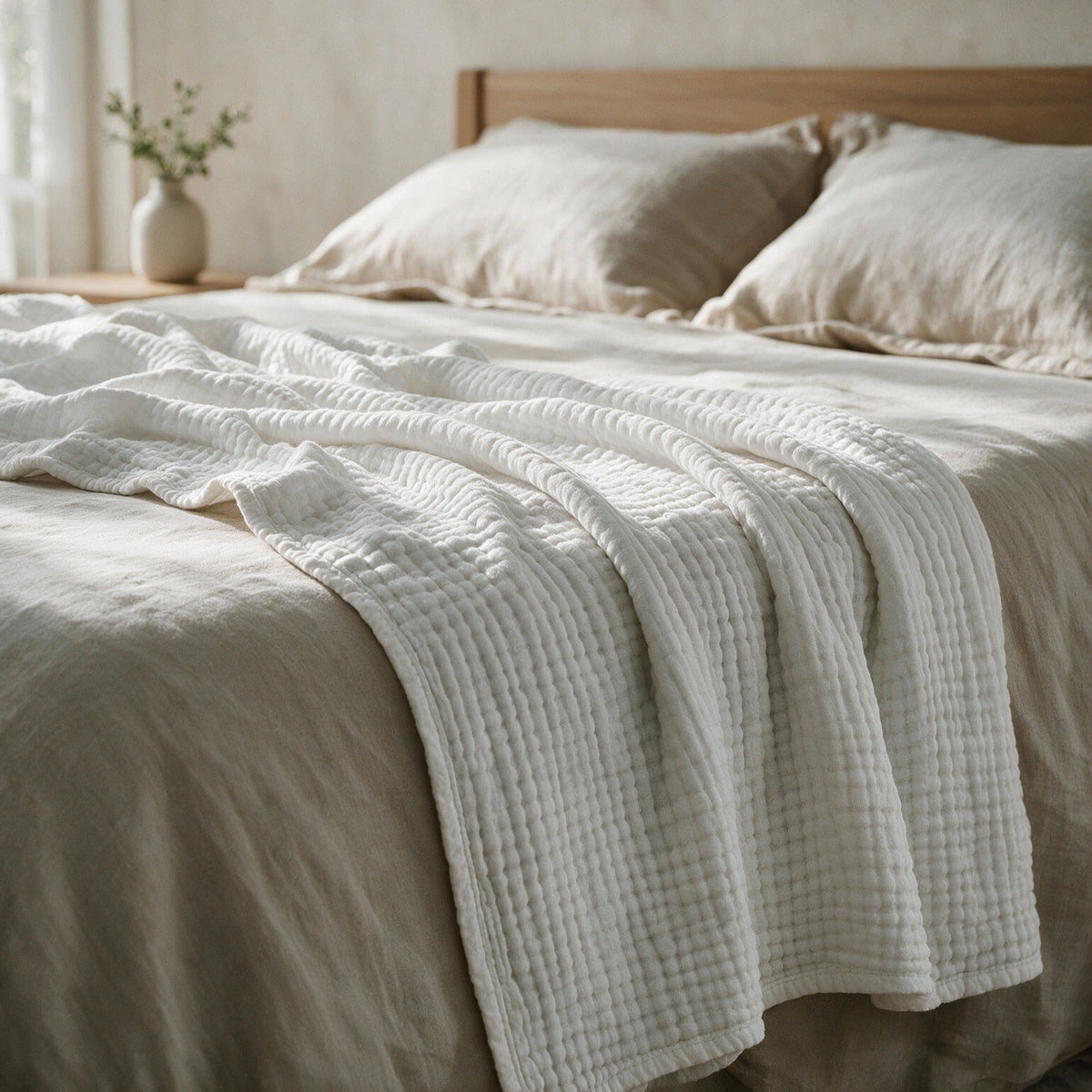 Linwood in White on a bed with sand linen bedding