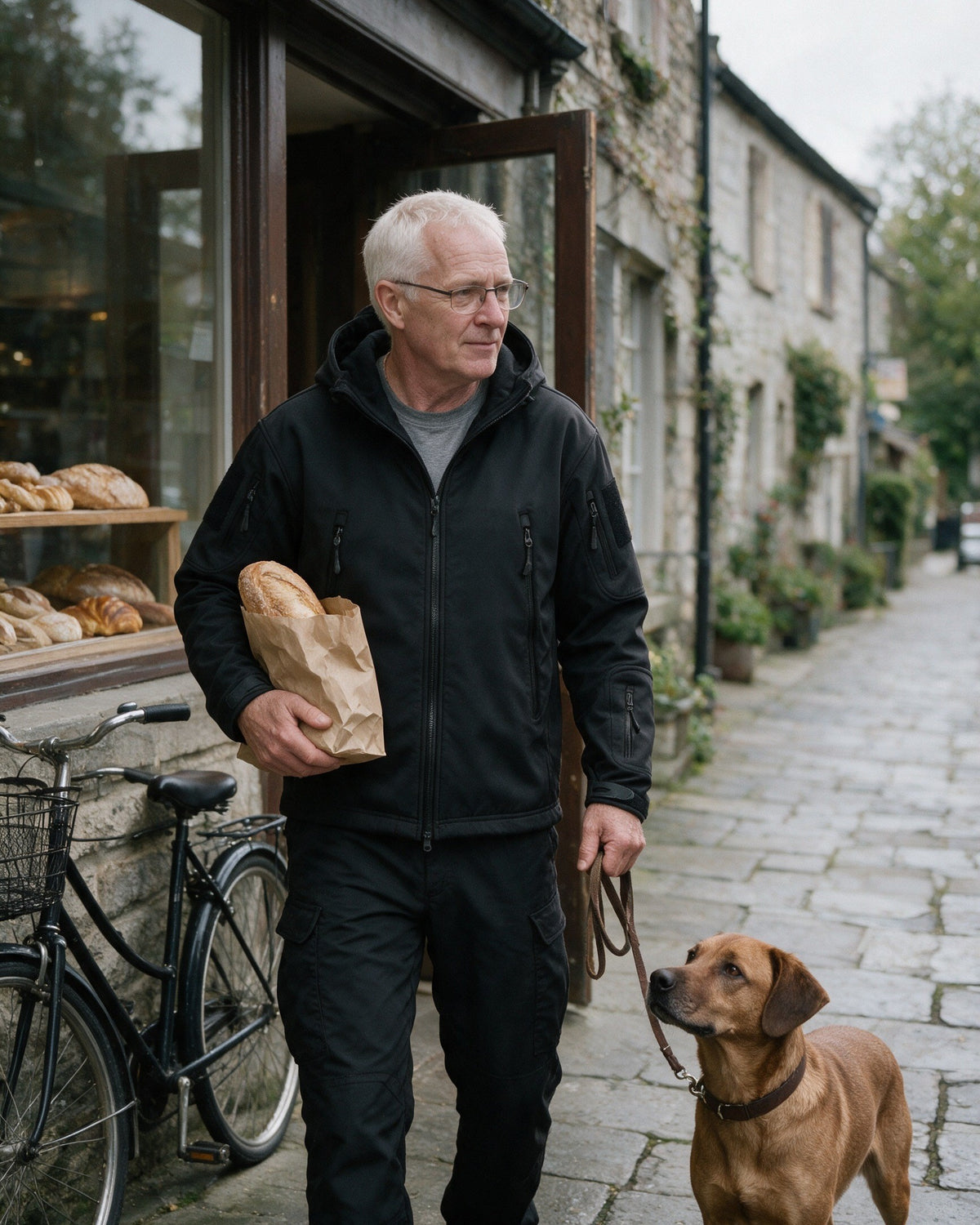 Man in a black softshell set walking his dog past a bakery