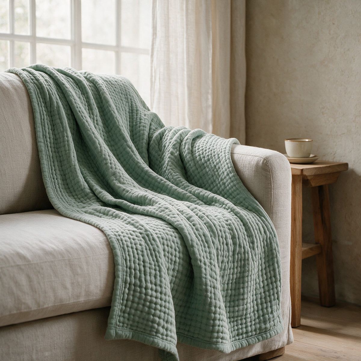 Green muslin blanket on a light sofa