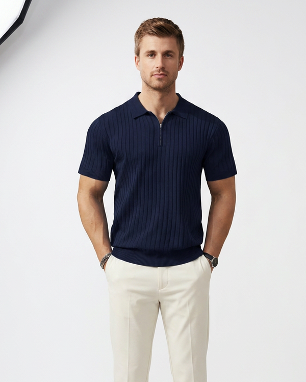 VELLANO™ – Geripptes Strick-Polo mit Reißverschluss