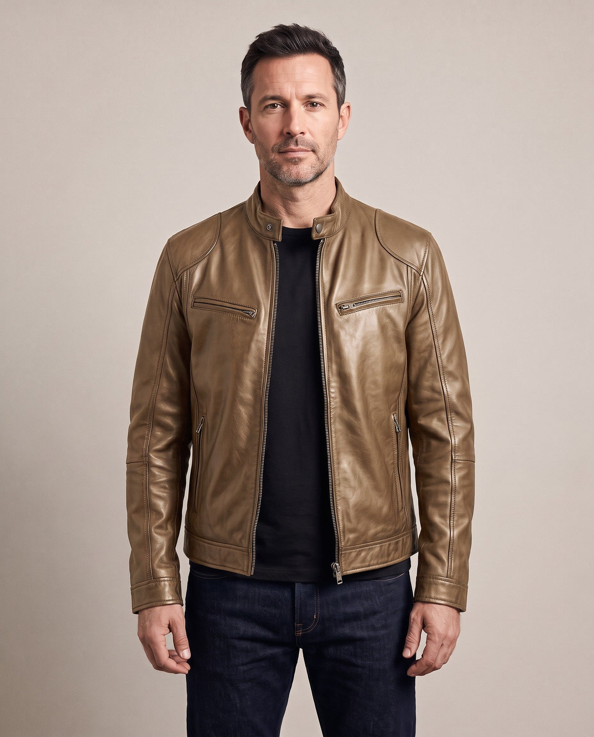 Trenton faux leather jacket in khaki, front view