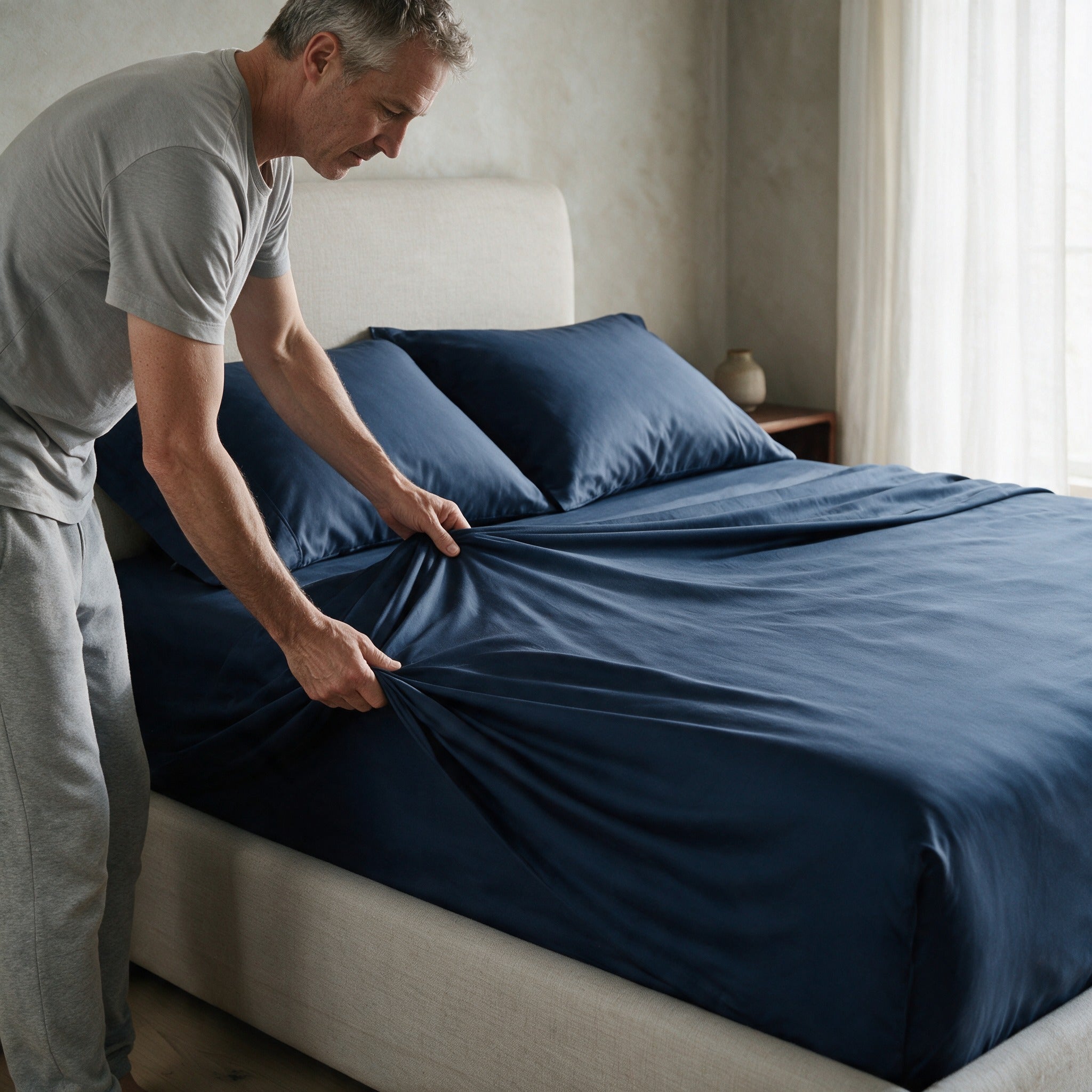 Man making the bed with Rydal sheets in Navy