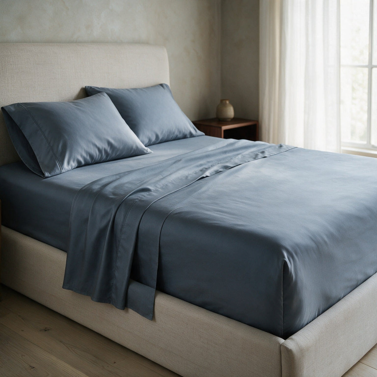 Bed made with the Rydal sheet set in Slate Blue