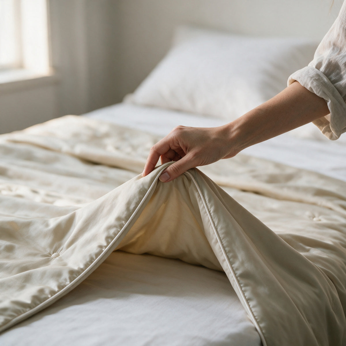 Hand turning back the Seaton duvet in Sand to get into bed