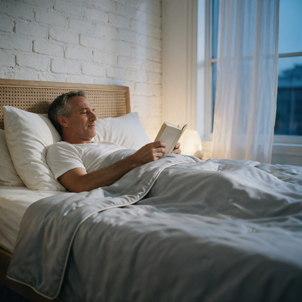 Man reading in bed under the Seaton summer duvet in Grey on a warm evening