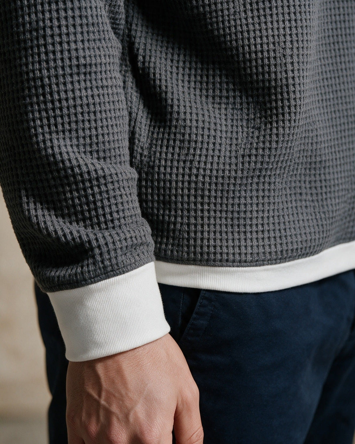 Selby white ribbed cuff and hem band, close-up