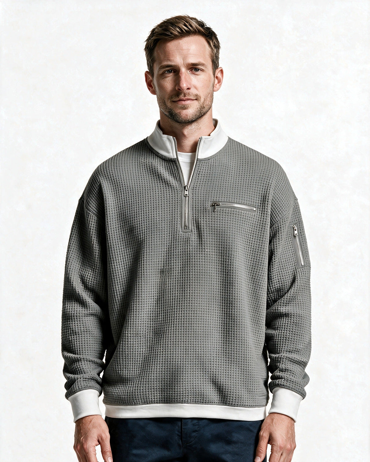 Selby waffle-knit half-zip pullover in Grey, front view