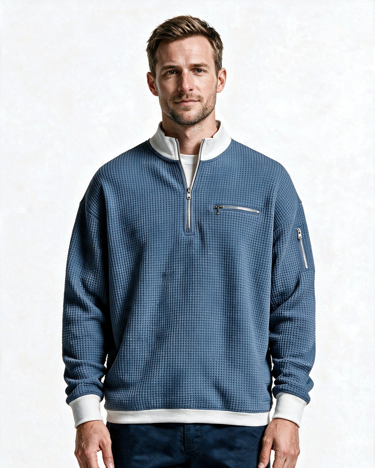 Selby waffle-knit half-zip pullover in Blue, front view