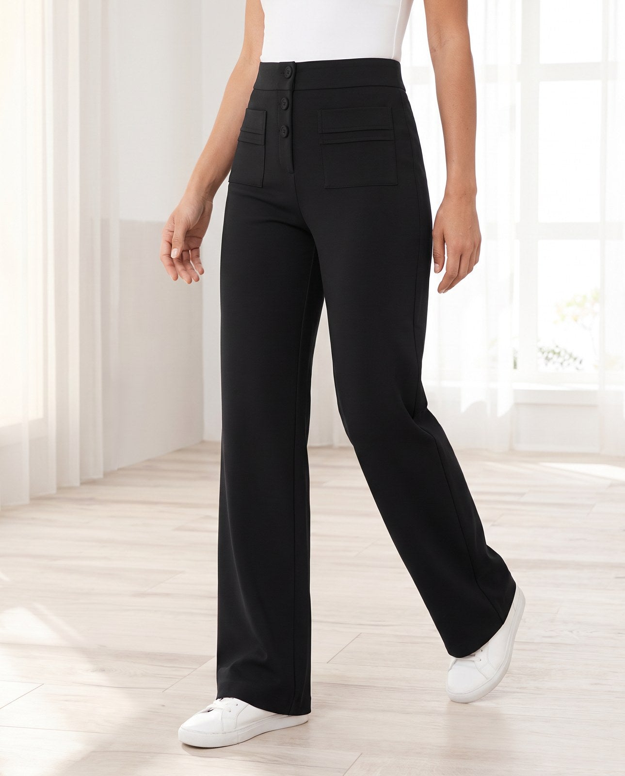 2. The fabric moves with you, then returns to shape — no permanent stretch